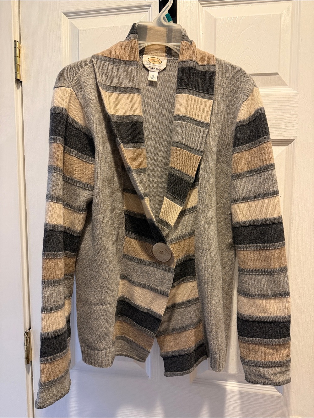 Talbots Striped Shawl-Collar Cardigan in Gray, Tan, Cream and Black